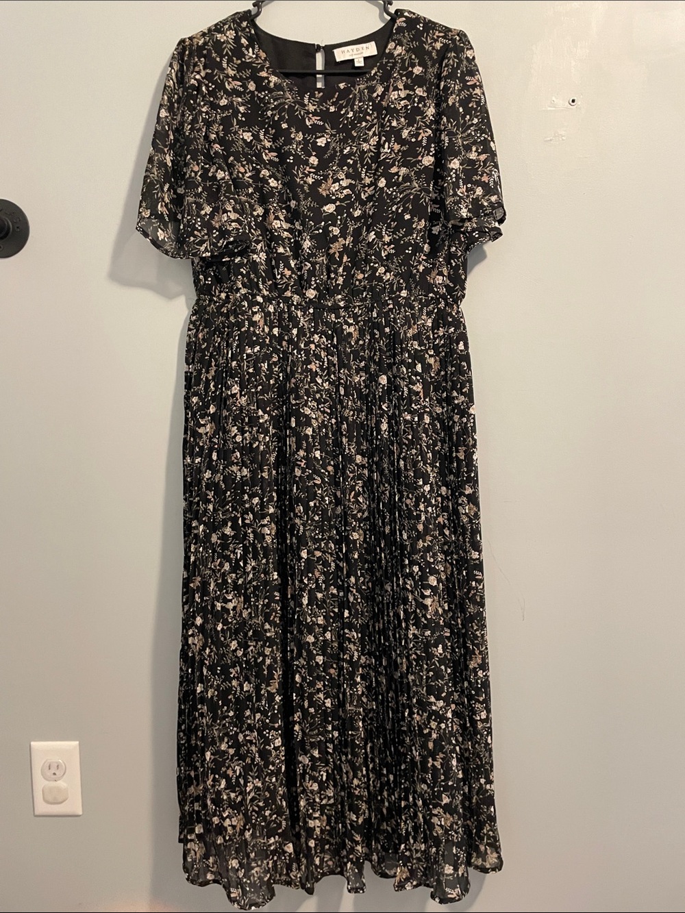 Hayden Black Floral Pleated Midi Dress with Pink Accents